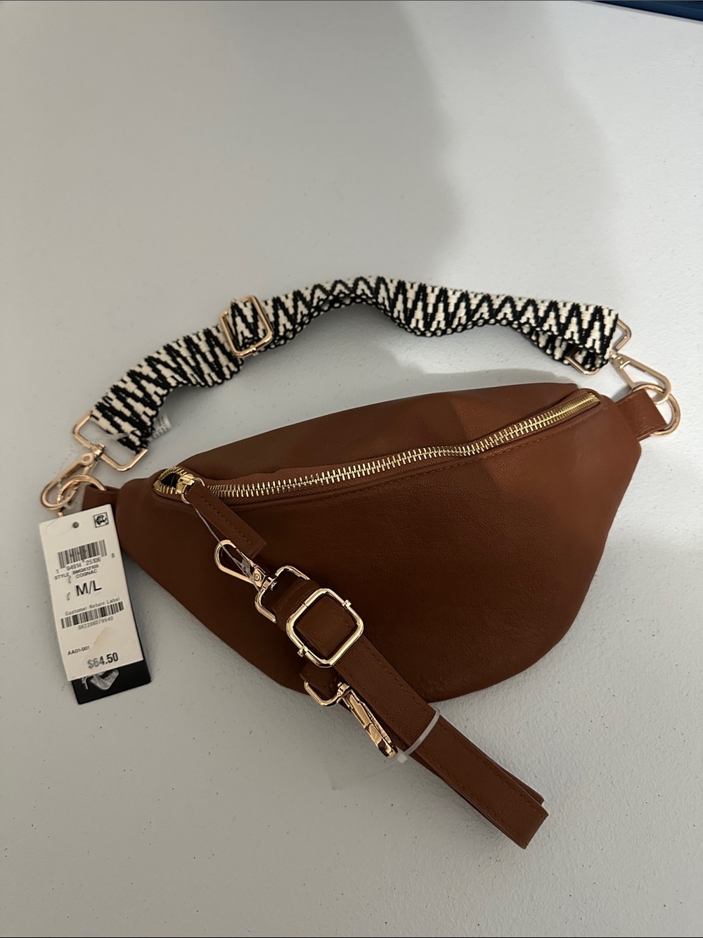 INC International Concepts Brown Faux Leather Mini Belt Bag with Patterned Strap